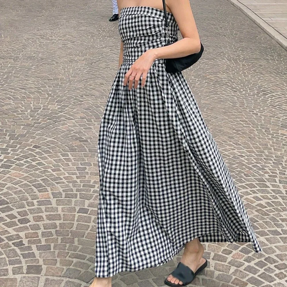 Black & White Preppy Womens Gingham Print Tube Dress - Picture 4 of 5